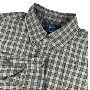 Ralph Lauren Men's Large Custom Fit Button Down‎ Shirt Green Plaid Red Pony
